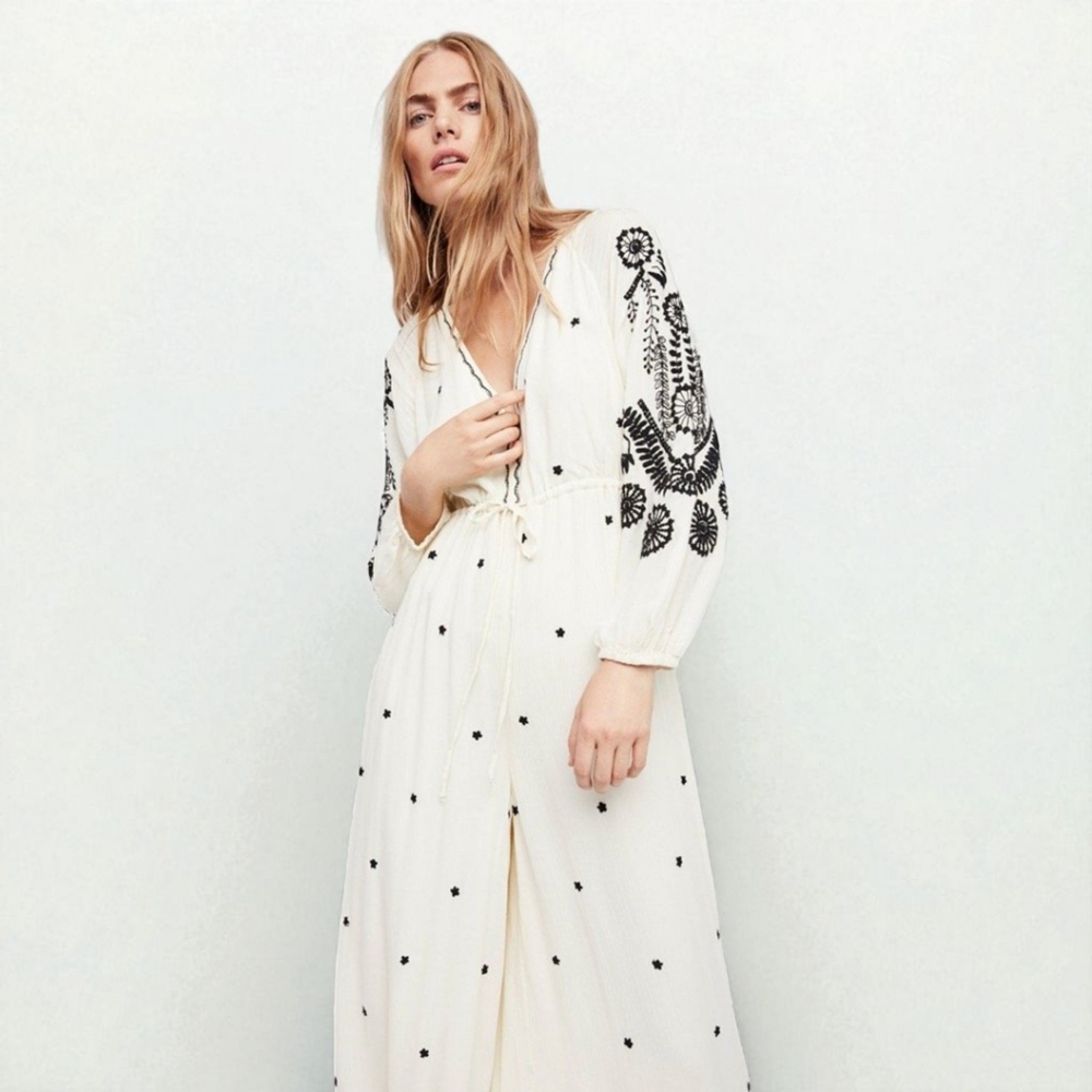 Boho Embroidered Wide-Leg Jumpsuit Cream Floral‎ Balloon Sleeve Sz L